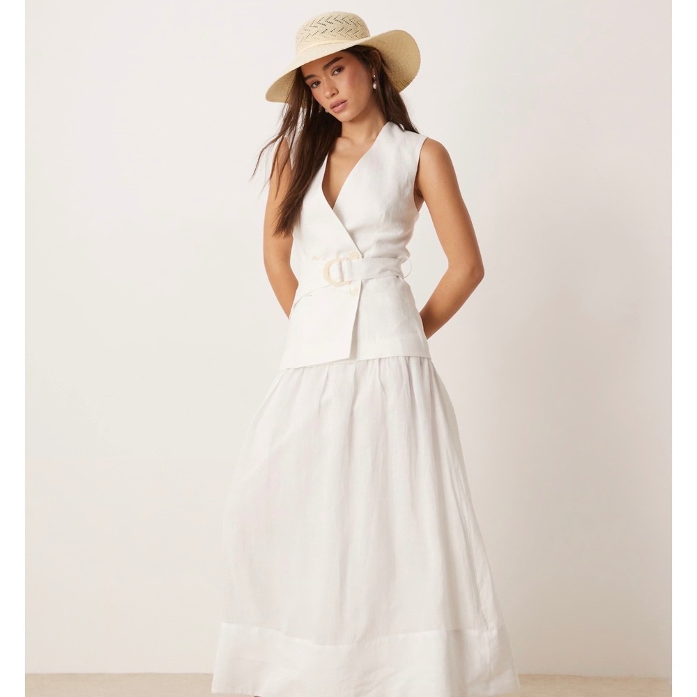 Mango MNG White 100% Linen Double Breasted Vest Maxi Dress Size 8 L Vestido